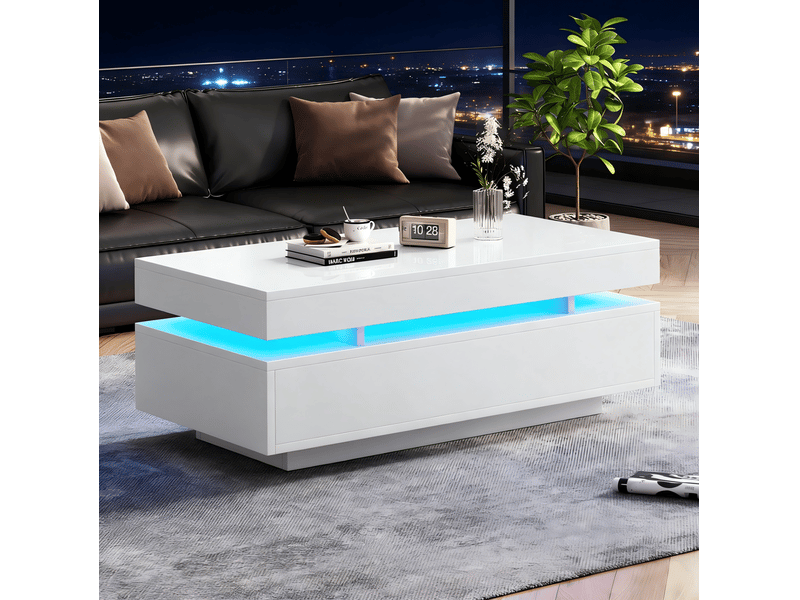  Table basse tcqpz 100 x 50 x 35 cm avec 2 tiroirs led blanc brillant en panneaux de particules  - Conforama D