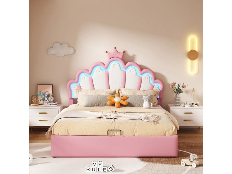  Lit enfant de princesse rembourré - 140x200 cm - led - tête de lit en forme de nuage - coffre hydraulique - similicuir pu - rose 203x144x131cm - Conforama C