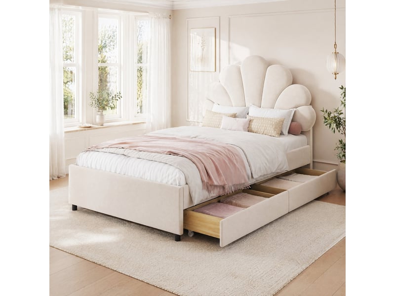  Lit enfant 90x200 cm en velours, lit simple avec tête en forme de pétales et 2 tiroirs, sans matelas, beige  - Conforama C