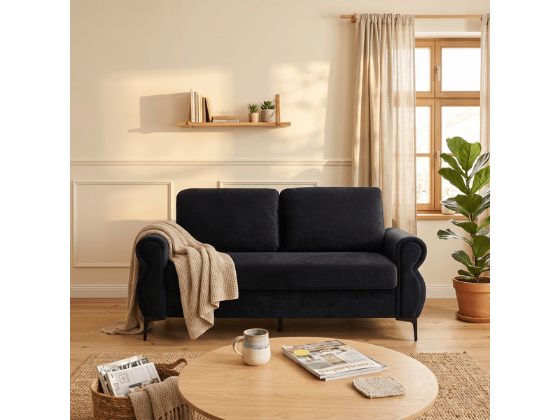  Canapé droit 2 places avec ressorts ensachés  - pieds hauts, tissu polyester noir, 173,5 × 81 × 92 cm  - Conforama C