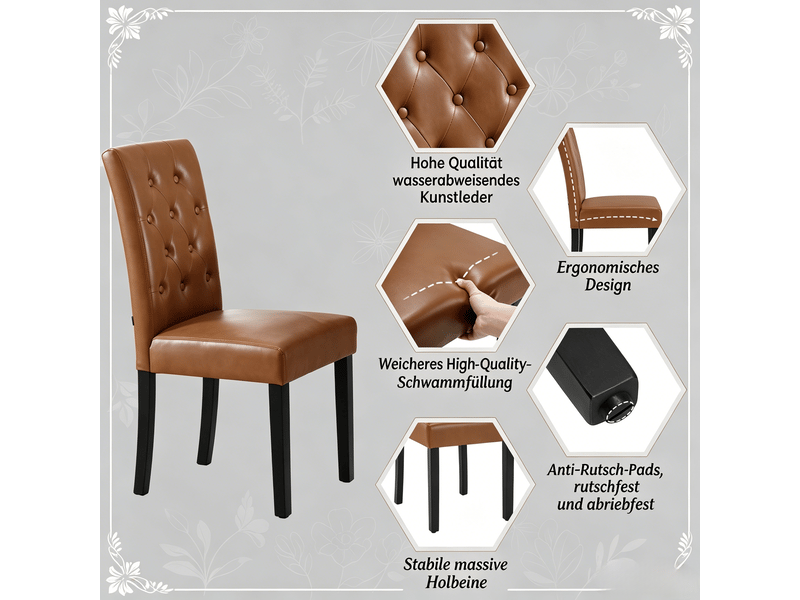 Chaises de salle à manger lot de 2 à dossier haut  - assise rembourrée, simili cuir et bois massif marron  - Conforama E
