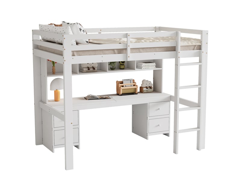 Lit mezzanine enfant 90 × 200 cm 1 place avec bureau, 4 tiroirs et 4 étagères, sans matelas, en pin, blanc - Conforama A