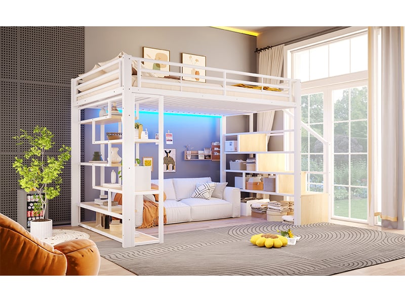  Lit superposé 140x200 cm blanc mdf et métal avec rangements escalier intégré garde-corps échelle et bande led sans matelas Sol Morn - Conforama D