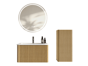 Ensemble meuble de salle de bains 80 cm avec lavabo, miroir led et meuble latéral en mdf coloris chêne