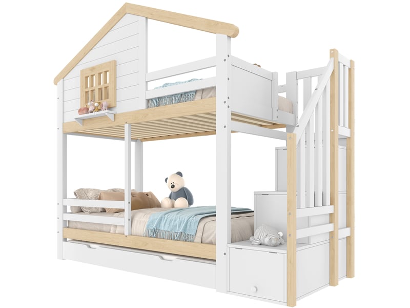  Lit superposé cabane avec lit gigogne et escalier, lit enfant 90x200 cm en bois massif, sécurité optimale, blanc et bois naturel  - Conforama A