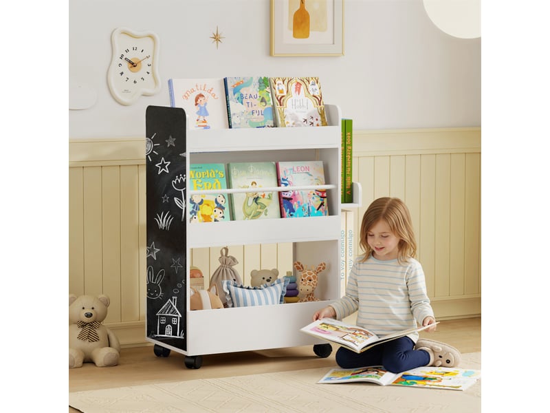  Bibliothèque pour enfant avec roulettes, rangement livre enfant de 3 à 8 ans avec tableau noir, 66,5x32,5x86,5cm, blanc  - Conforama B