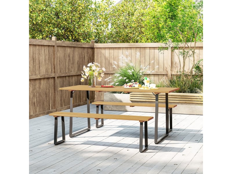  Salon de jardin avec 1 table et 2 bancs  - trou de parasol - acier et bois de sapin - bois naturel  - Conforama C