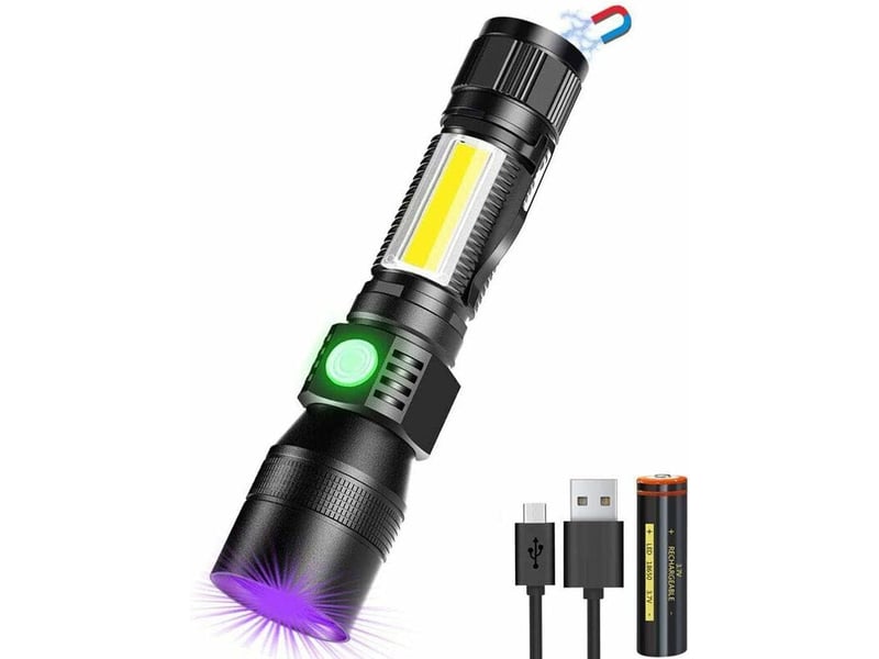  Lampe de poche uv 3 en 1 - lampe de poche led rechargeable par usb - zoomable magnétique - lampe de travail  étanche cob - 7 modes - détecteur d'urine  - Conforama A