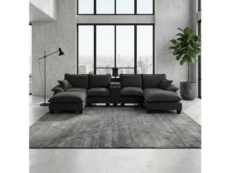  Canapé modulable en u 6 places en chenille noir avec 2 poufs, rangement, porte-gobelets et ports usb  - Conforama B