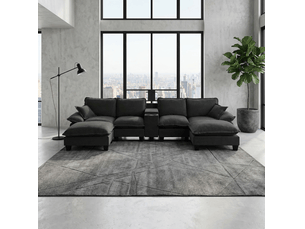 Canapé modulable en u 6 places en chenille noir avec 2 poufs, rangement, porte-gobelets et ports usb