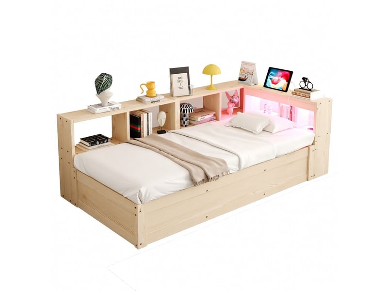  Lit coffre 90x200 cm avec rangement prise euro led multicolore mécanisme hydraulique bois massif couleur bois  - Conforama A
