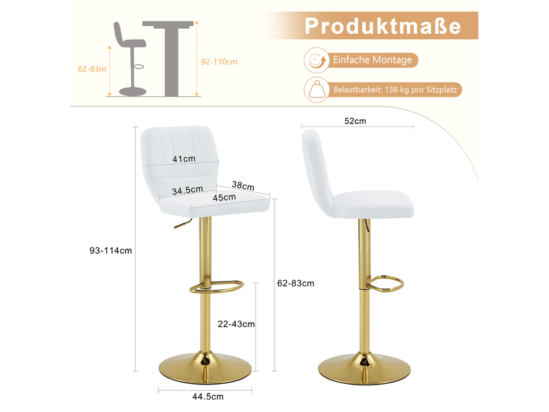  Tabouret de bar pivotant réglable en hauteur avec dossier et repose-pieds, en pu blanc et doré  - Conforama D