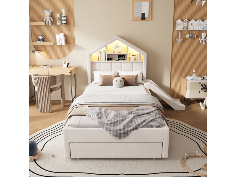  Lit cabane enfant 90x200 cm beige – velours rembourré – toboggan, led, rangement intégré, charge 150 kg  - Conforama E