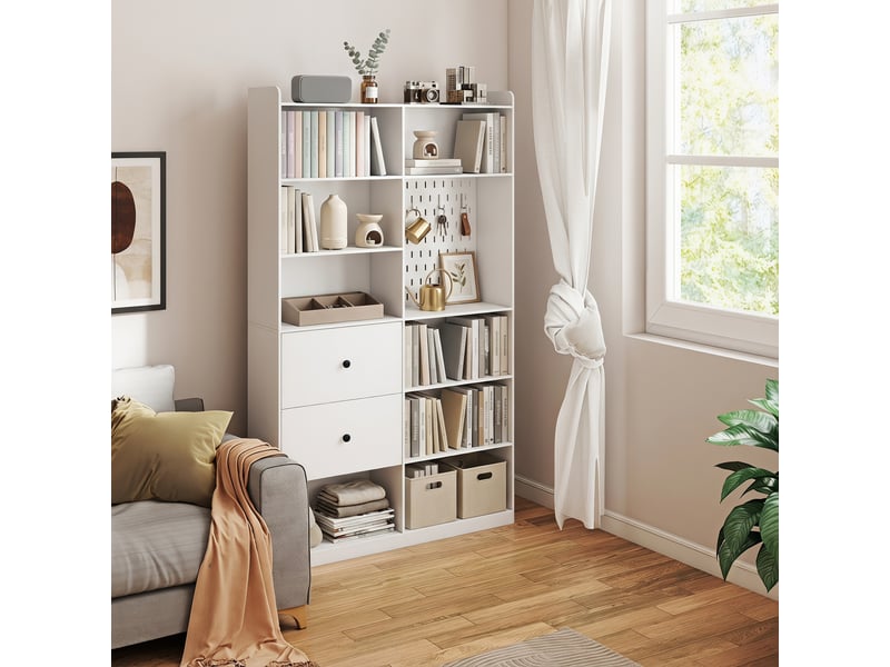  Bibliothèque, étagère 6 niveaux, 120 x 30 x 200 cm, meuble de rangement avec 2 tiroirs et panneau perforé, blanc  - Conforama B