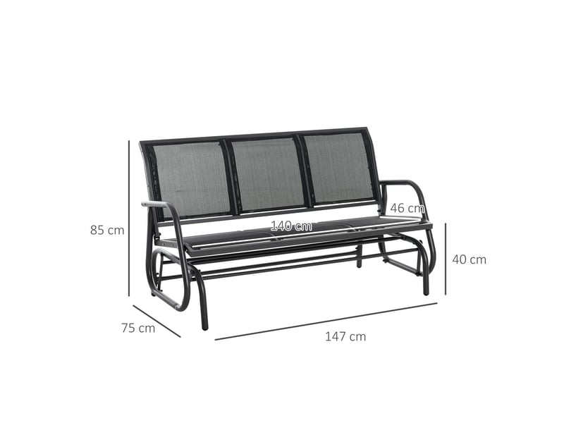 Banc de jardin 3 places 150x80x90, banc d'extérieur à bascule, métal, résistant aux intempéries, noir - Conforama B