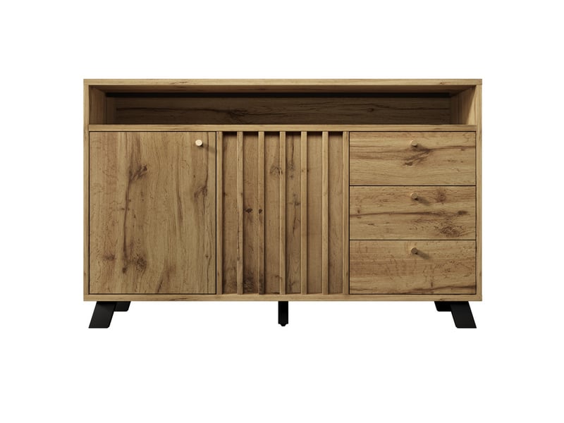 Commode à 3 tiroirs et 2 portes, 120 x 40 x 85 cm, portes à lattes et niche ouverte, effet chêne foncé  - Conforama A