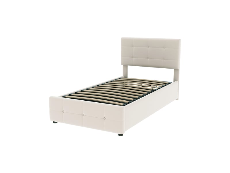  Lit coffre enfant 90x200 cm à relevage hydraulique, velours beige et tête réglable  - Conforama A