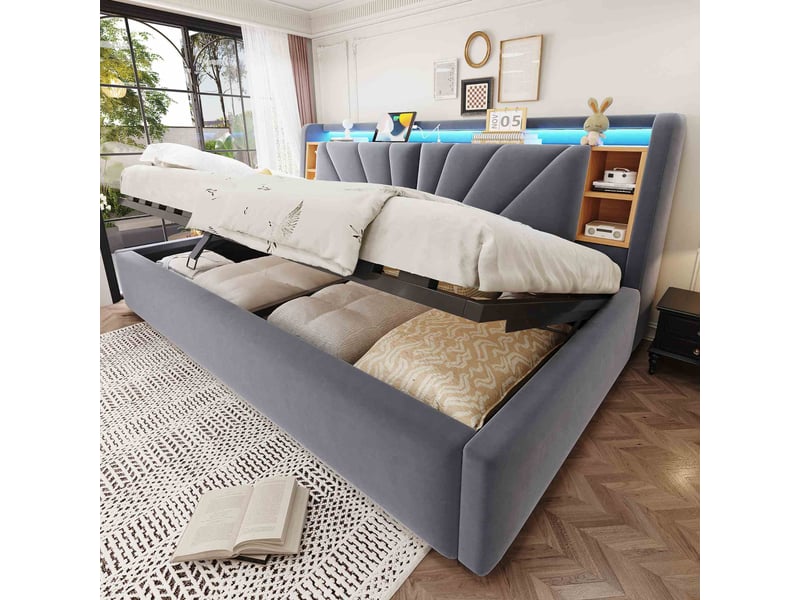  Lit simple 90x200 cm avec rangement hydraulique, tête de lit avec led, usb et étagères, lit rembourré en velours avec coffre de rangement - gris  - Conforama E