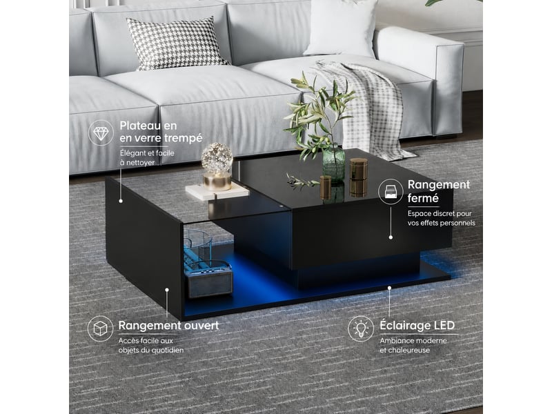  Table basse noire brillante avec éclairage led, plateau en verre, tiroir, 100 x 50 x 32 cm, noir  - Conforama D