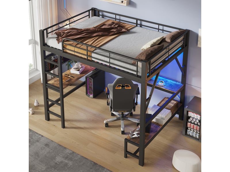  Lit mezzanine 160 x 200 cm – avec bureau -  barrières de sécurité et échelle – avec ports usb et type-c – avec éclairage led – noir (matelas non inclus)  - Conforama D