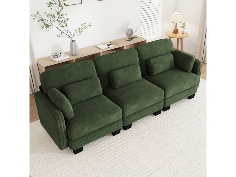  Canapé droit modulaire 3 places 253x88x88 cm, coussins lombaires et accoudoirs, structure bois, chenille vert design  - Conforama R