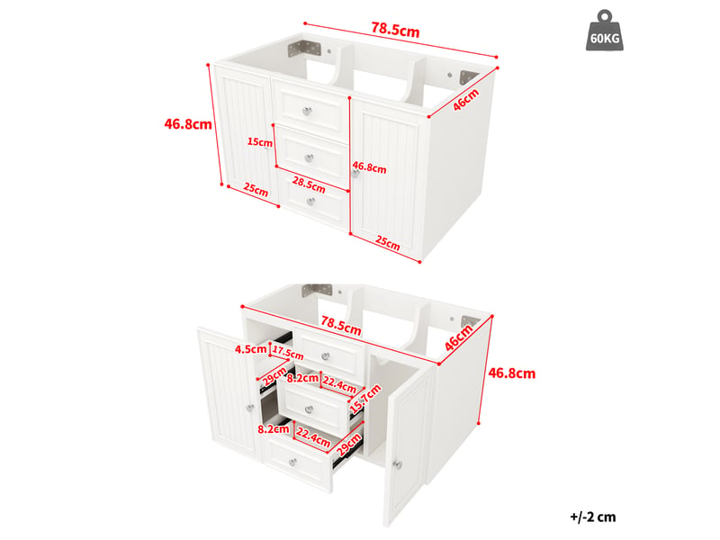  Meuble sous lavabo suspendu avec 3 tiroirs et rangement latéral - lpospi - mdf laqué hydrofuge métal blanc 78,5 × 46 × 46,8 cm  - Conforama D