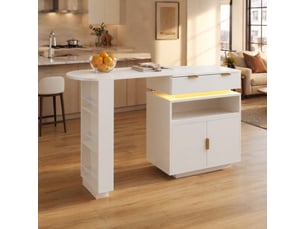 Console extensible avec rangements, étagères réglables, led et plateau pivotant pour cuisine et salle à manger, blanc
