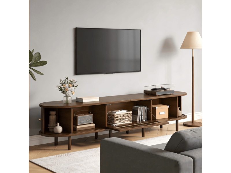 Meuble tv bas 180x40x40 cm pour tv 80 pouces, 2 portes tambour, 1 porte abattante effet rotin, rangement, mdf – noyer foncé  - Conforama E
