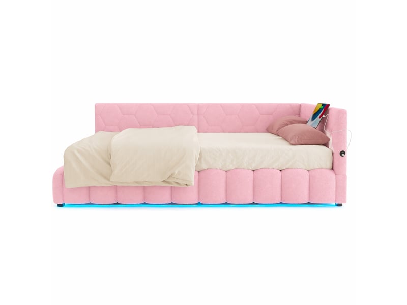  Lit banquette coffre 90x200 cm rose avec rangement hydraulique, led, usb et type-c  - Conforama A