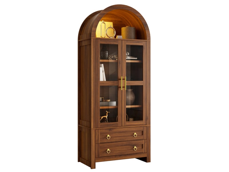Buffet avec led 76x40x180 cm, 2 portes en verre trempé et 2 tiroirs, style rétro, mdf et panneau de particules, marron - Conforama A