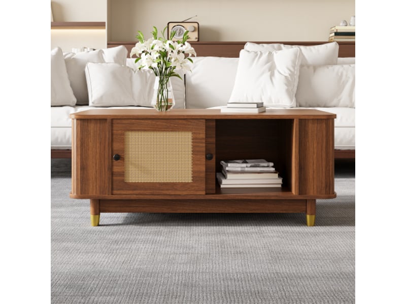  Table basse moderne avec portes coulissantes en rotin - coins arrondis, rangement mdf, effet bois  - Conforama E