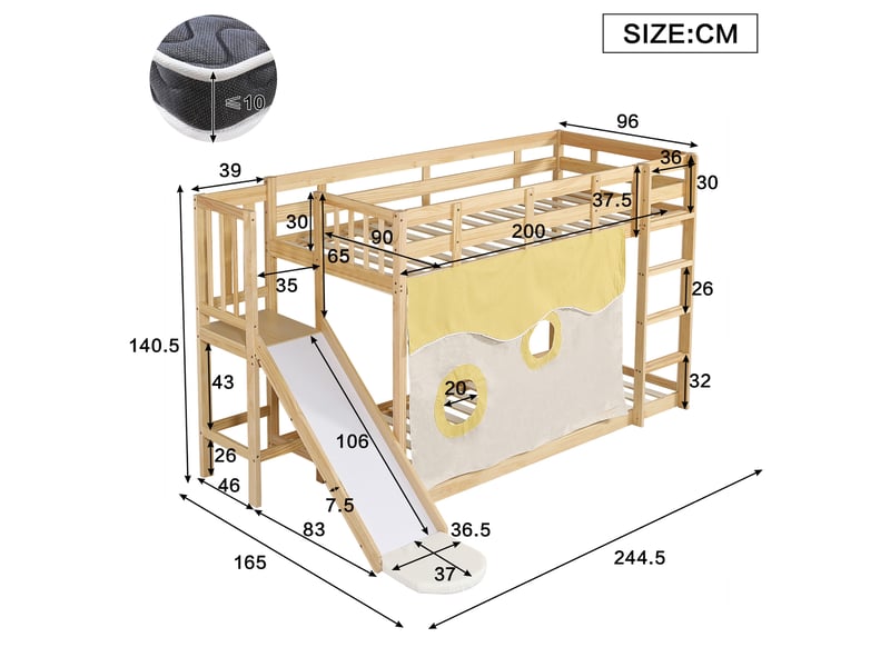  Lit superposé enfant 90x200 cm avec escalier, toboggan et rideaux, en bois et mdf, naturel sans matelas  - Conforama C