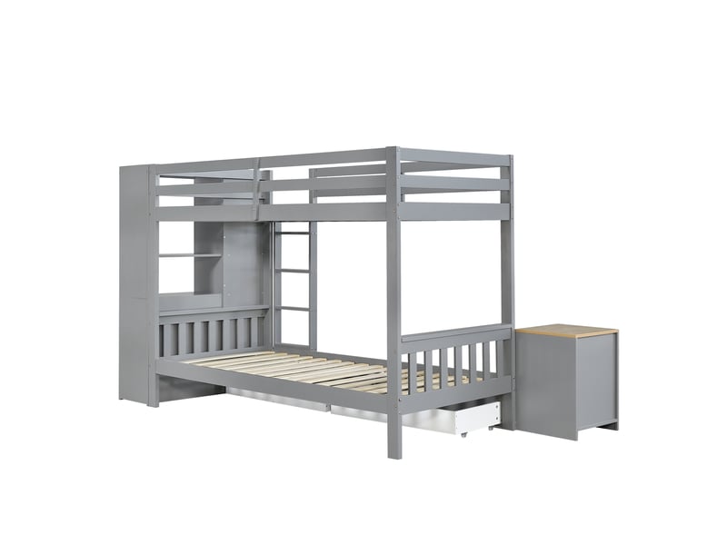 Lit superposé en bois gris 90x200 cm, comprenant 2 coffres de lit, une étagère latérale, des tiroirs, une échelle et une table de chevet réglable. - Conforama E