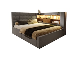 Lit coffre 140x200 cm - lit double avec rangement hydraulique, led intégrée et ports usb type-c, tête de lit fonctionnelle - sans matelas - lin gris