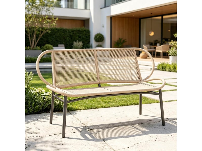  Banc de jardin 2 places 138 x 62 x 83 cm – noir et bois naturel – assise tressée pour extérieur  - Conforama D