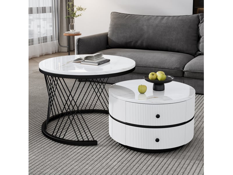 Tables basses gigognes ulevr rondes 60 x 46 et 50 x 31 cm, 2 tiroirs, plateaux mdf effet marbre blanc brillant  - Conforama E
