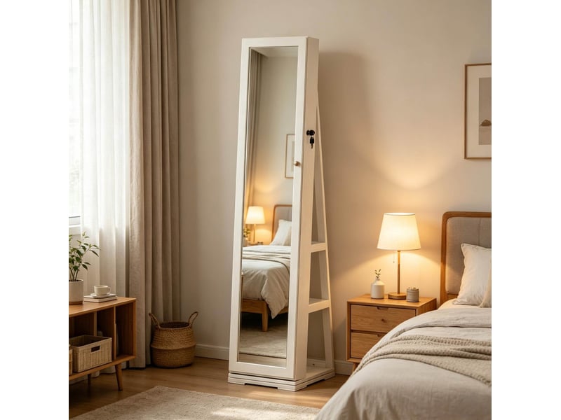  Miroir sur pied avec armoire à bijoux pivotante à 360°, mdf et verre, blanc  - Conforama B