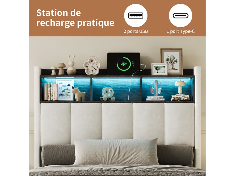  Lit coffre 90x200 cm -lit capitonné simple  - lit rembourré avec rangement hydraulique - usb et led  - Conforama D