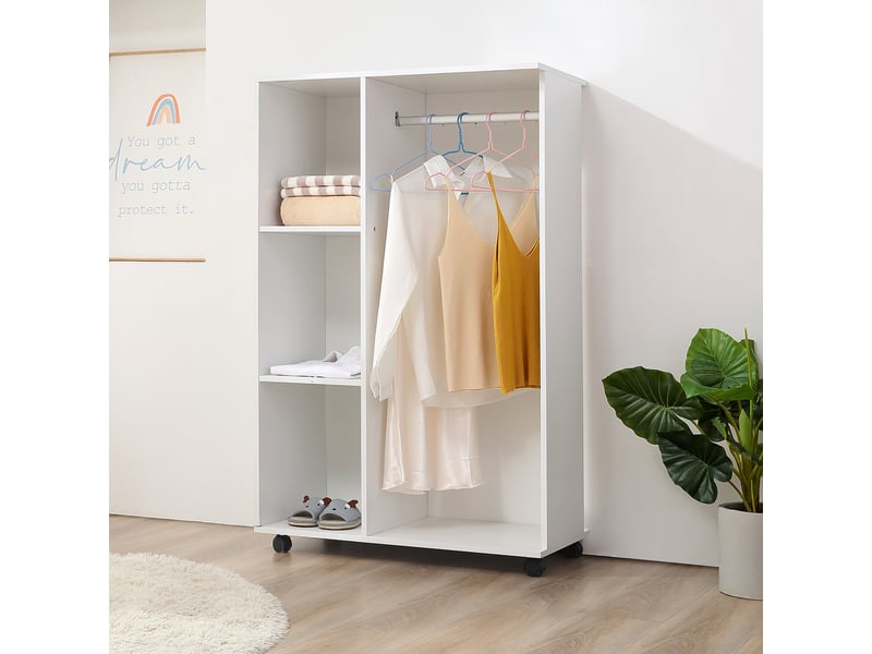  Portant à vêtements penderie mobile avec roulettes 3 étagères latérales + grand espace penderie panneaux particules blanc  - Conforama C