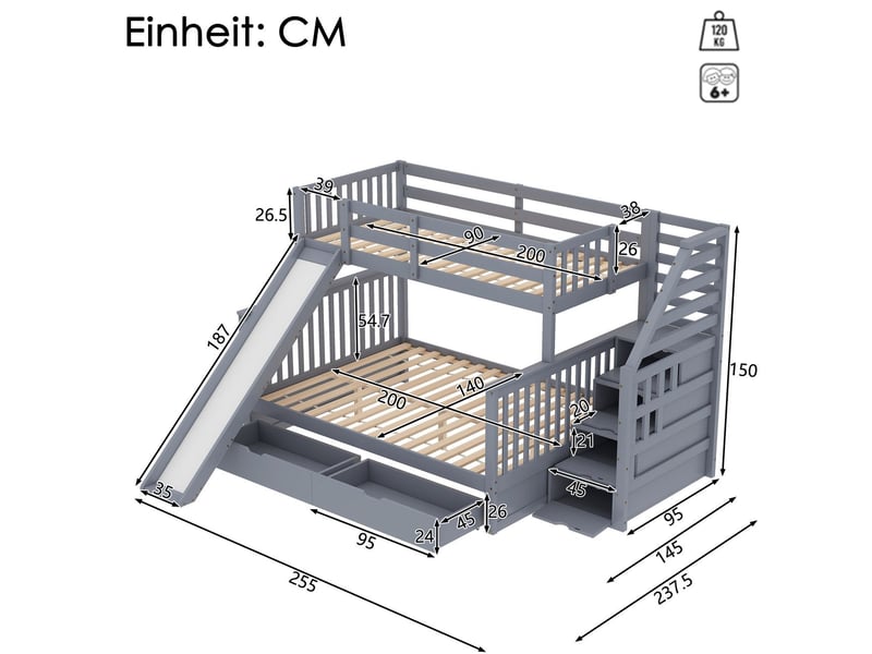  Lit superposé 90x200, sécurisé gain de place avec tiroirs et toboggan lit superposé enfant  - Conforama C