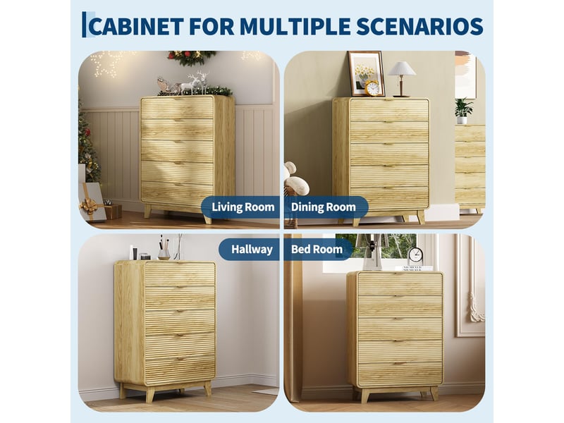 Commode haute 5 tiroirs cannelés – grand espace de rangement – poignées dorées en métal – pieds robustes – pour chambre, salon MHK_36USNFT4 - Conforama D