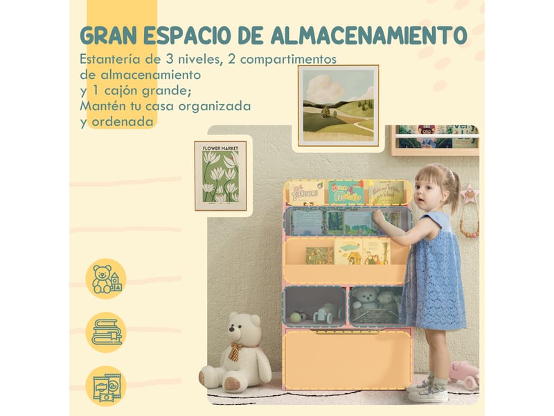  Bibliothèque en bois pour enfants avec 3 compartiments, 2 cubes et un tiroir mobile à 4 roulettes, 60 x 29,9 x 90 cm, rose  - Conforama E