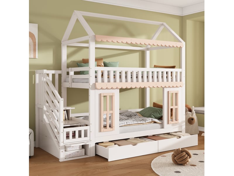  Lit superposé enfant cabane avec escalier de rangement et 2 tiroirs blanc et naturel 90 x 200 cm  - Conforama B