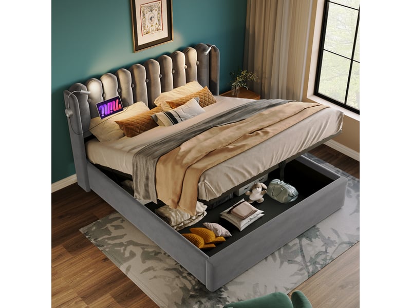  Lit coffre 140 x 200 en velours gris, liseuse usb et sommier relevable  - Conforama D