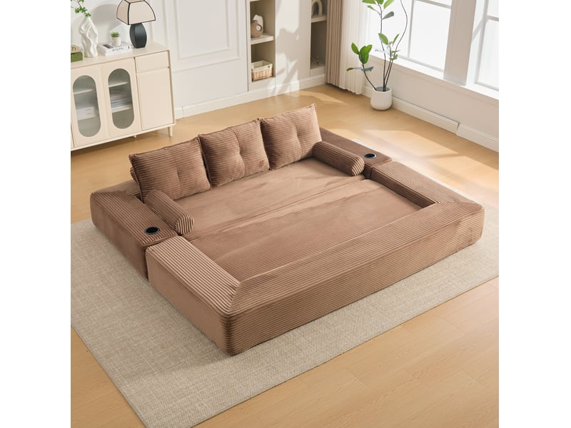  Canapé convertible 3 places en velours côtelé marron avec porte-gobelet  - Conforama B