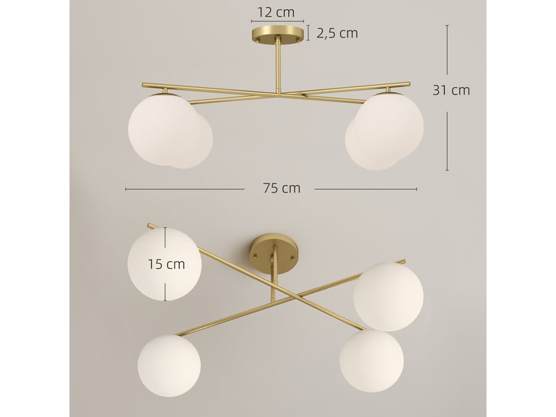  Plafonnier moderne à 4 lumières avec douille e14, semi-encastré, couleur or-crème  - Conforama E