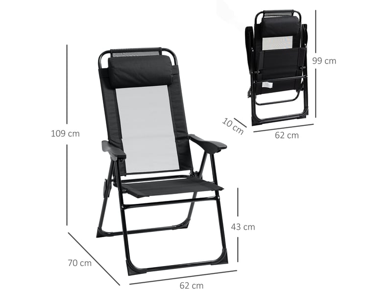  Lot de 2 chaises de jardin pliantes 62x70x109 cm dossier réglable 5 positions métal noir  - Conforama D