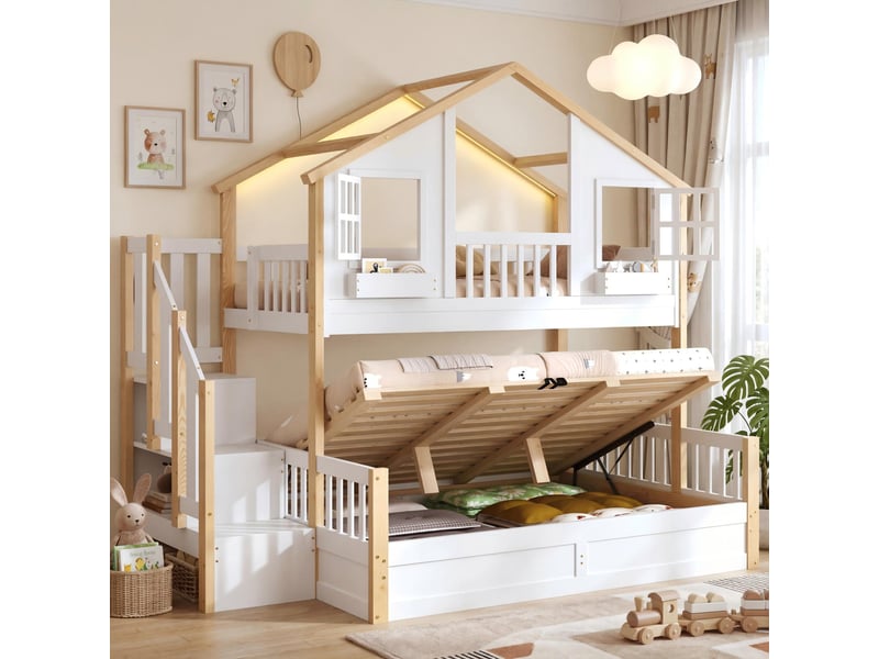 Lit superposé enfant 3 places 90×200 cm et 140×200 cm, led et escalier de rangement - okmyhome- sans matelas - Conforama C