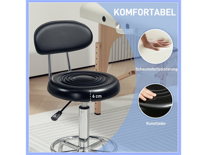  Tabouret à roulettes pivotant et réglable avec dossier en similicuir et repose-pieds pour coiffeuse en noir  - Conforama E