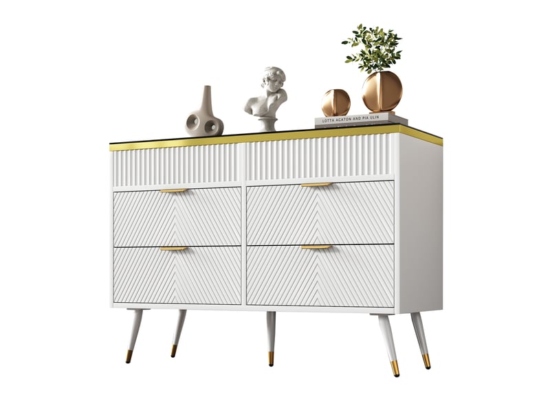  Commode blanche 120 cm, 6 tiroirs et plateau en verre ambré Fay Lum - Conforama A
